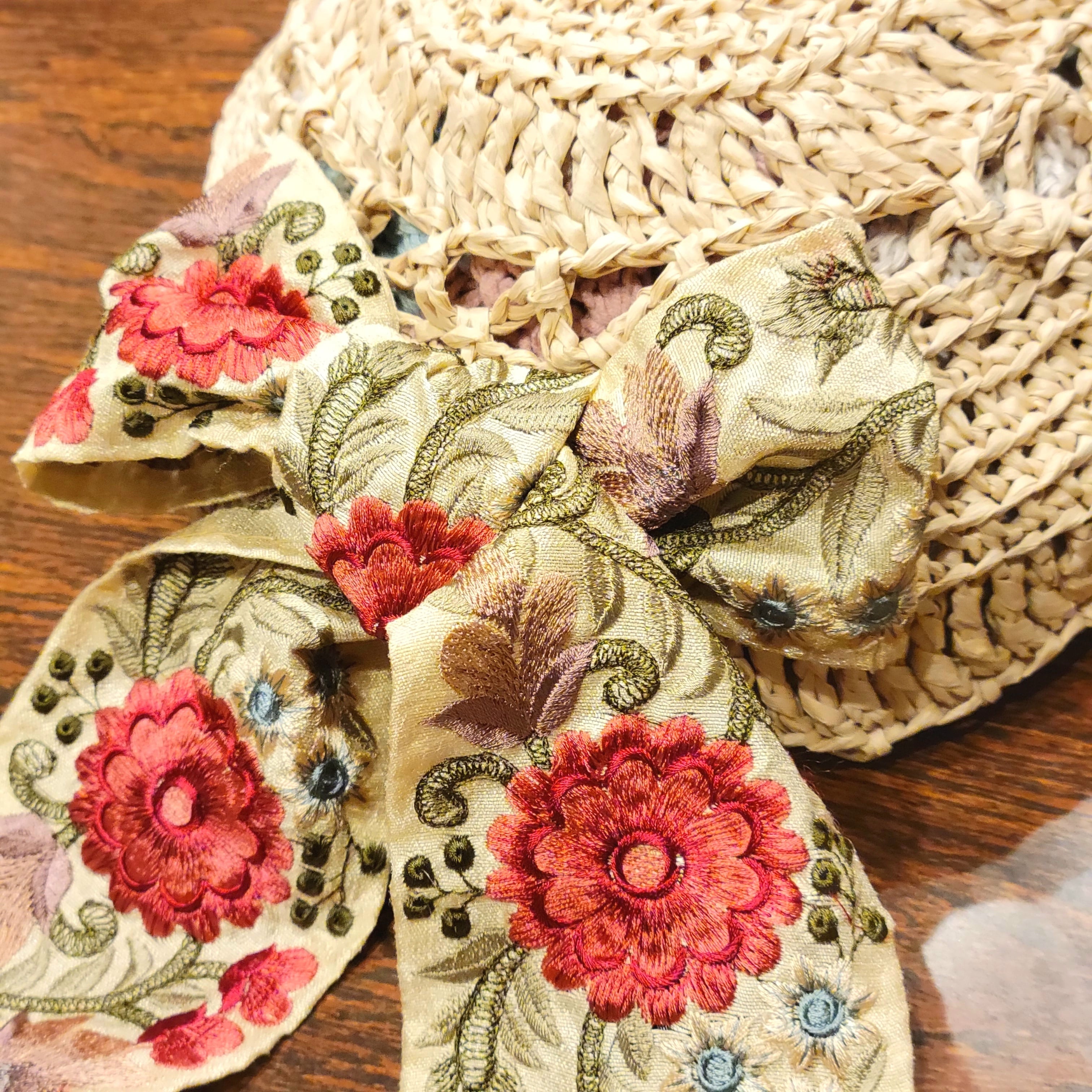 麦わら風ベレー帽 インド刺繍 リボン ハット キャップ アジアン