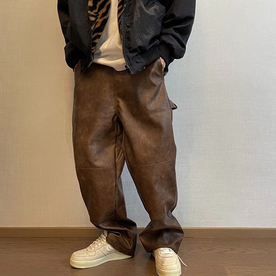 レザー製パンツ XLサイズ ダークブラウン 予約販売】パンツ ボトムス メンズ レザー 革パンツ ルーズ カジュアル