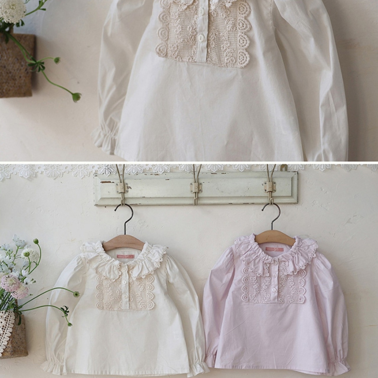 秋コットンシャーリングカラーレースシャツ