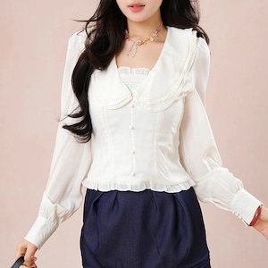 パフスリーブフリルトリムブラウス ・73450 パフスリーブフリルトリムブラウス ・73450