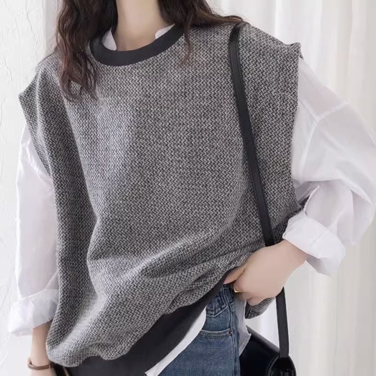 肩落ち立体編み ゆったりノースリーブトップス Ln00408