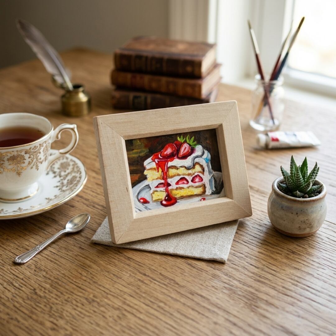 油絵 ミニ絵画額付き【ショートケーキ】手のひらサイズ 原画 油彩画