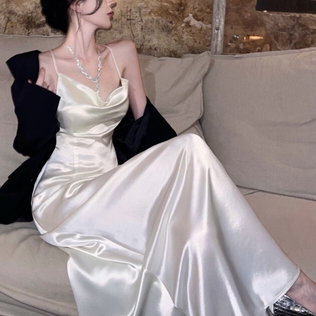 ドレス ワンピース ウェディング サテン ホワイト 白 ロング  