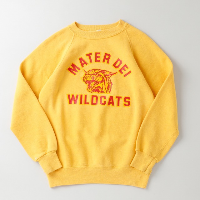 【極美品】60s special vintage raglan sweat shirt "MATER DEI WILDCATS" made in USA fade yellow about size S ／ 60年代 ヴィンテージ  長袖 ラグラン袖 スウェットシャツ トレーナー USA製 実寸S フェード イエロー