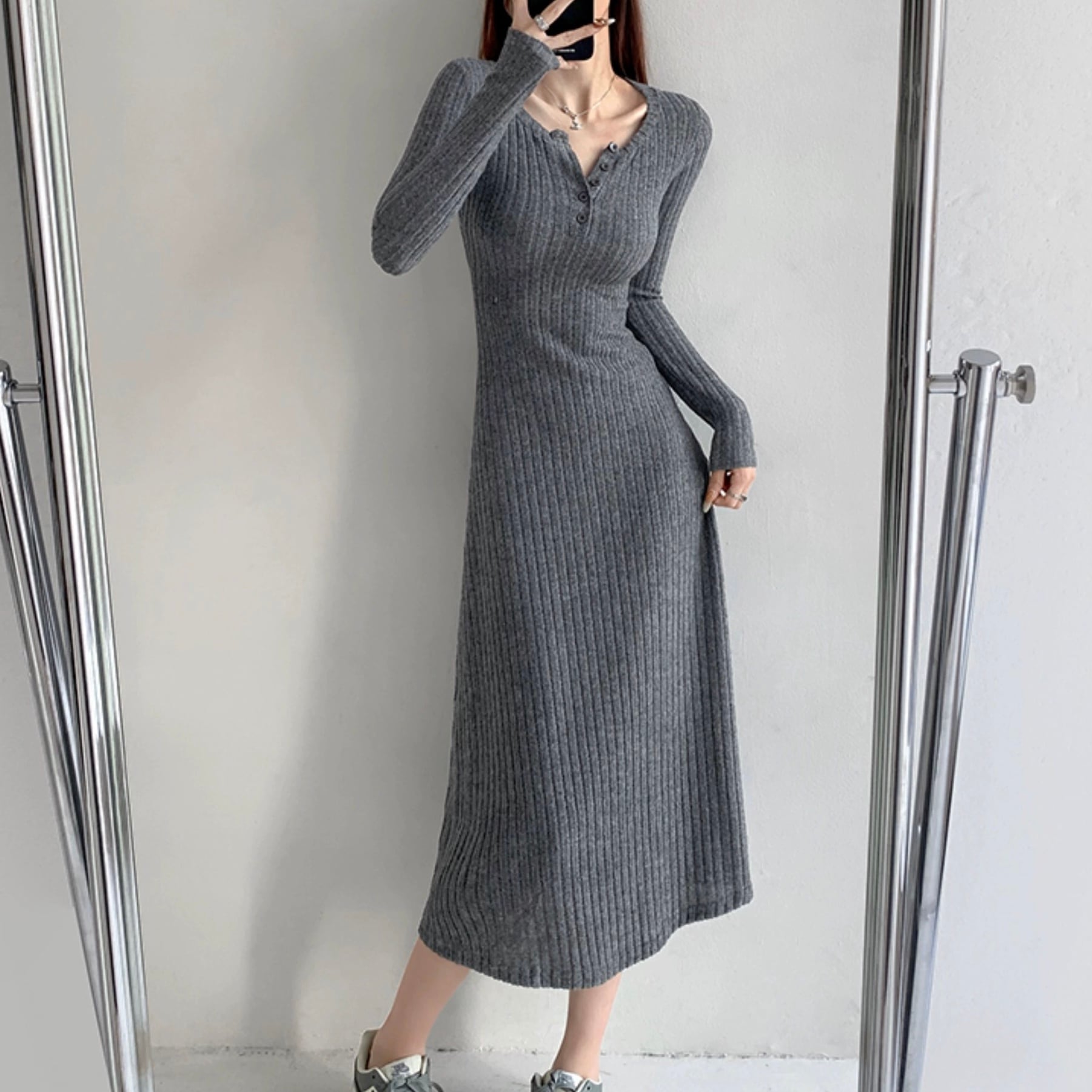 henry neck rib knit one-piece la0307 | Lavissy