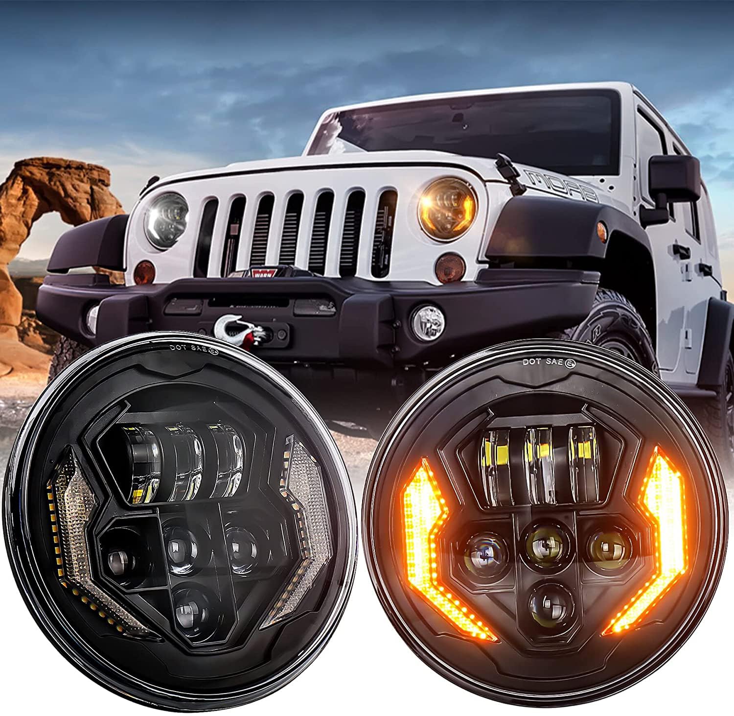 ラングラー led MOVOTOR 7インチ ledヘッドライトウィンカーやDRL機能付き HI/Loビーム ジープラングラー JK JKU TJ ジムニーJA11 JA22 適用 防水 2個セット
