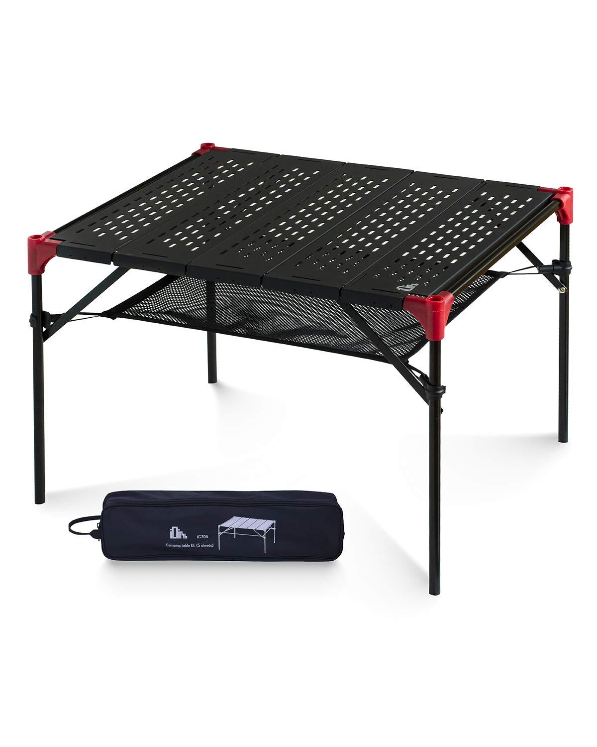 【iClimb(アィクライム)】連結して広く使える キャンプ アルミテーブル XL ランタンハンガー付き 62×42cm ワイド メッシュネット付き 軽量 コンパクト 収納袋付き 耐荷重30kg ブラック