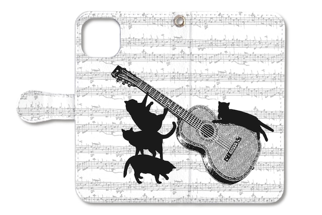 【名入れ可能】(iPhone用)ギターと黒猫の手帳型スマホケース