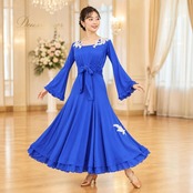 社交ダンス 衣装 Sanline サンリーヌ ドレス ワンピース スタンダード ブルー系 ホワイト系 青 白 パール 伸縮 ダンス パーティ 発表会 レース