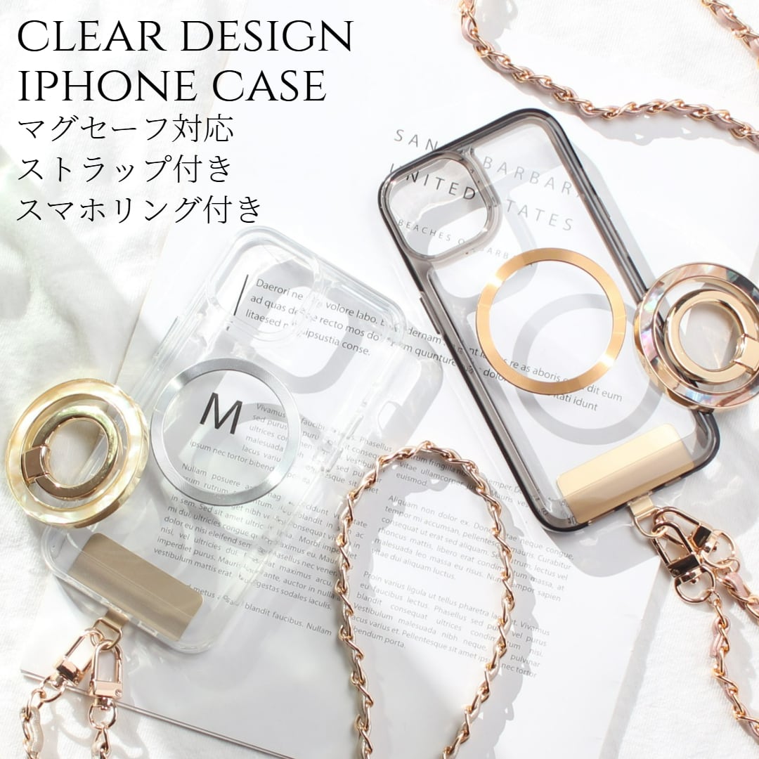 iphone ケース クリア リング付き iphone16 iphone15 iphone14 13 12 mini チェーンストラップ magsafe マグセーフ アイフォン 16 15 14 SE 11 スマホリング 16pro 15pro 14pro 肩掛け ストラップ べっ甲 シェル スタンド ショルダー 13mini se3 se2 メタリック 送料無料