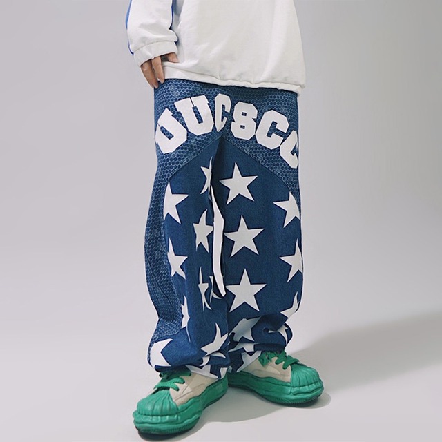 UUCSCC藍色の星柄デニムストレートパンツ