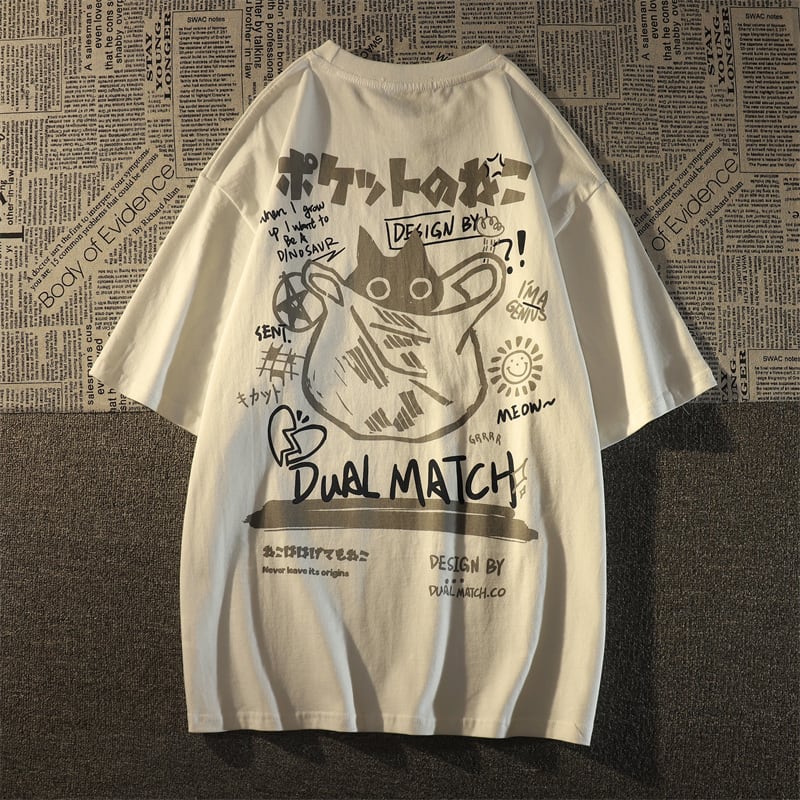 【トップス】ユニセックスなルーズフィットの漫画の猫の落書きの半袖Tシャツ 2204241546J