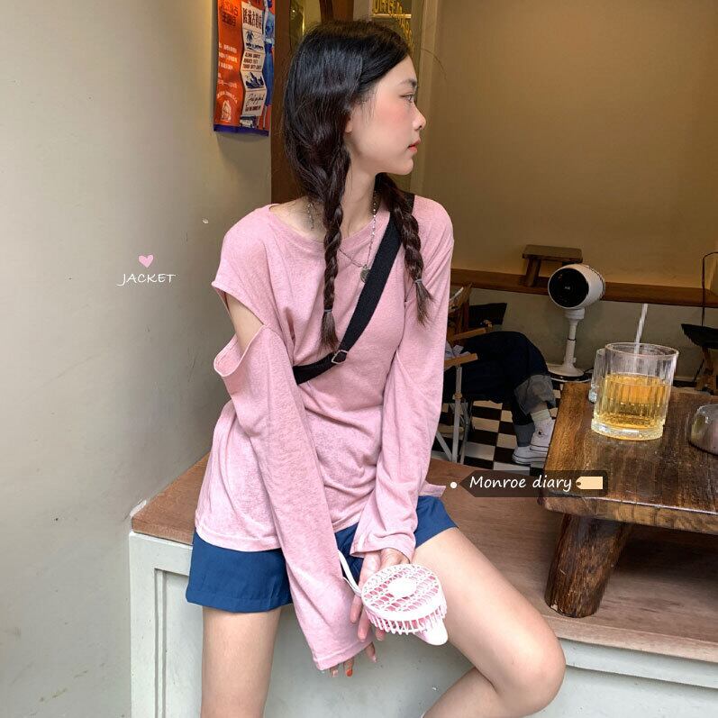 トップス サマールーズカジュアルラウンドネックTシャツ ロング 夏物 Oネック オフショルダー モンロー44968601096