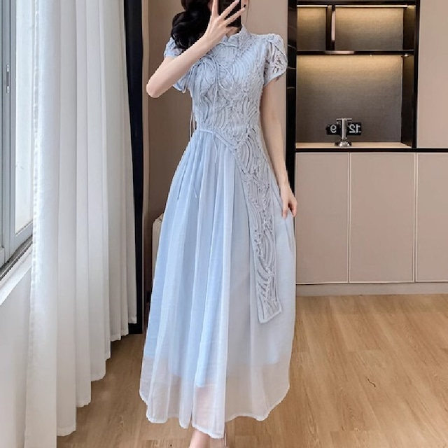 ワンピース 2色展開 改良型チャイナ風ドレス エレガント 半袖 ブルー ベージュ S M L XL