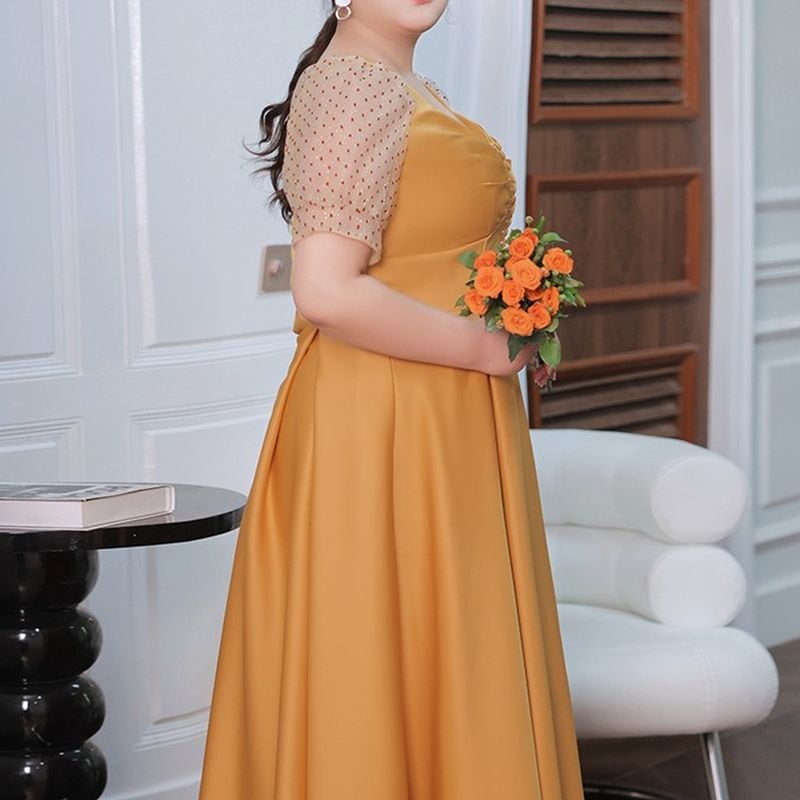 3XL〜7XL】ドットパフスリーブロングドレス D1617 | 演奏会・ステージ