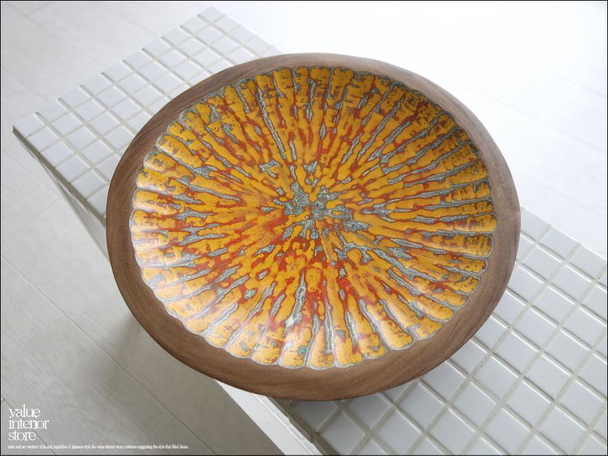 モンキーポッド総無垢材 デコレーショントレイYR 小物入れ 飾り皿 木製 菓子器 手作り エスニック ハンドメイド 総無垢 一点物 直径約34cm