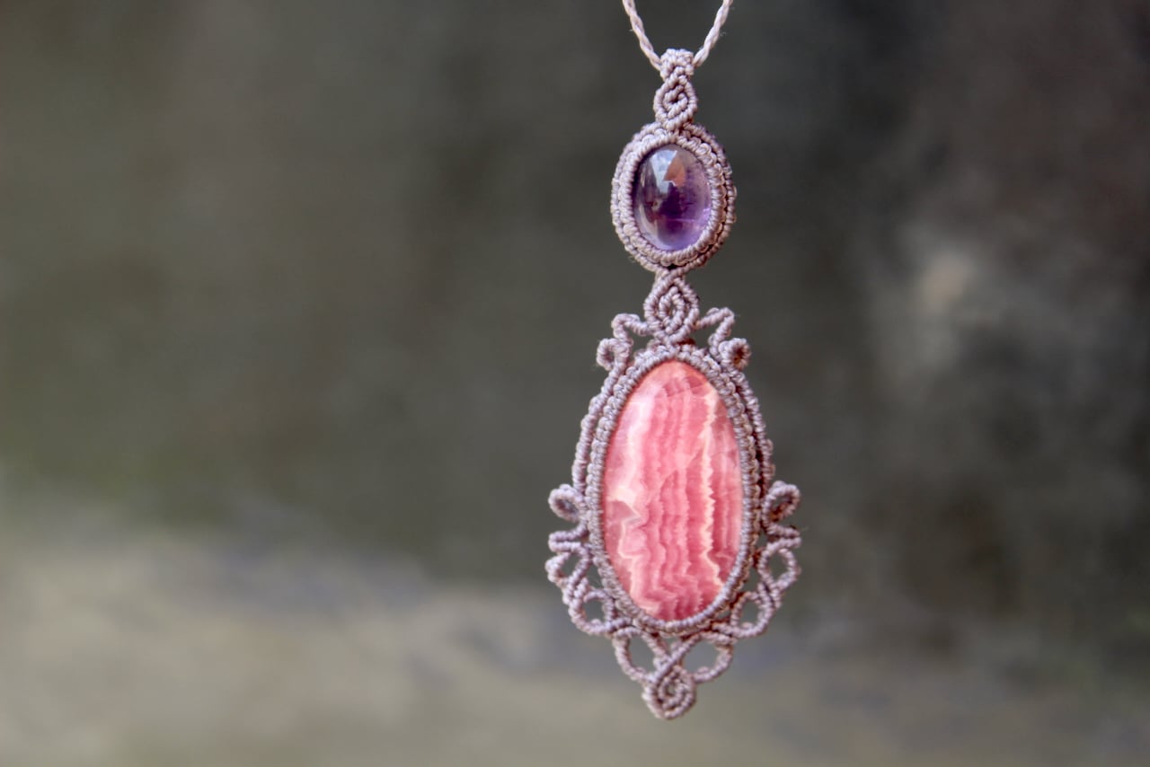 Rhodochrosite & Amethyst micro macrame pendant