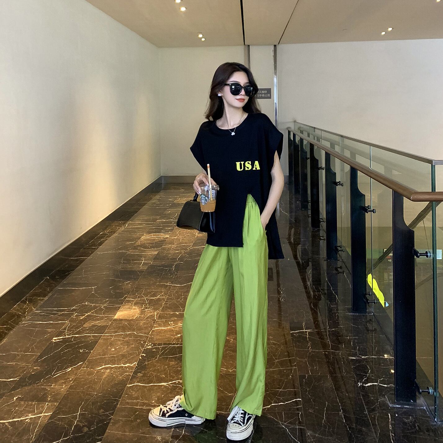 Tシャツ サマースタイルスタンダードハイウェストウェストワイドレッグカジュアルパンツ レトロ 夏物 ワイドパンツ シルク 6Du_Shop_Women16490156877