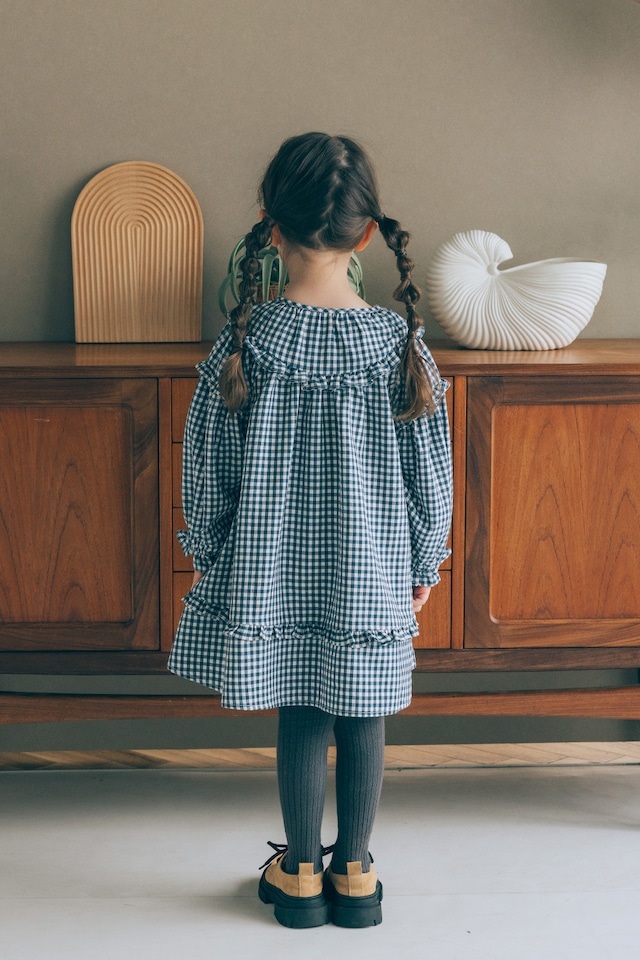Wフリルギャザーワンピース<Navy check>