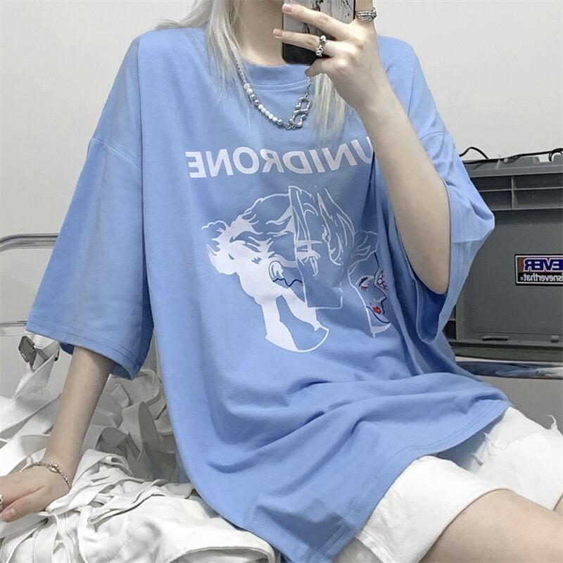 スタイルルーズTシャツ サマープリントロングラウンドネックトップス 夏物 Oネック ケッペル77468047052