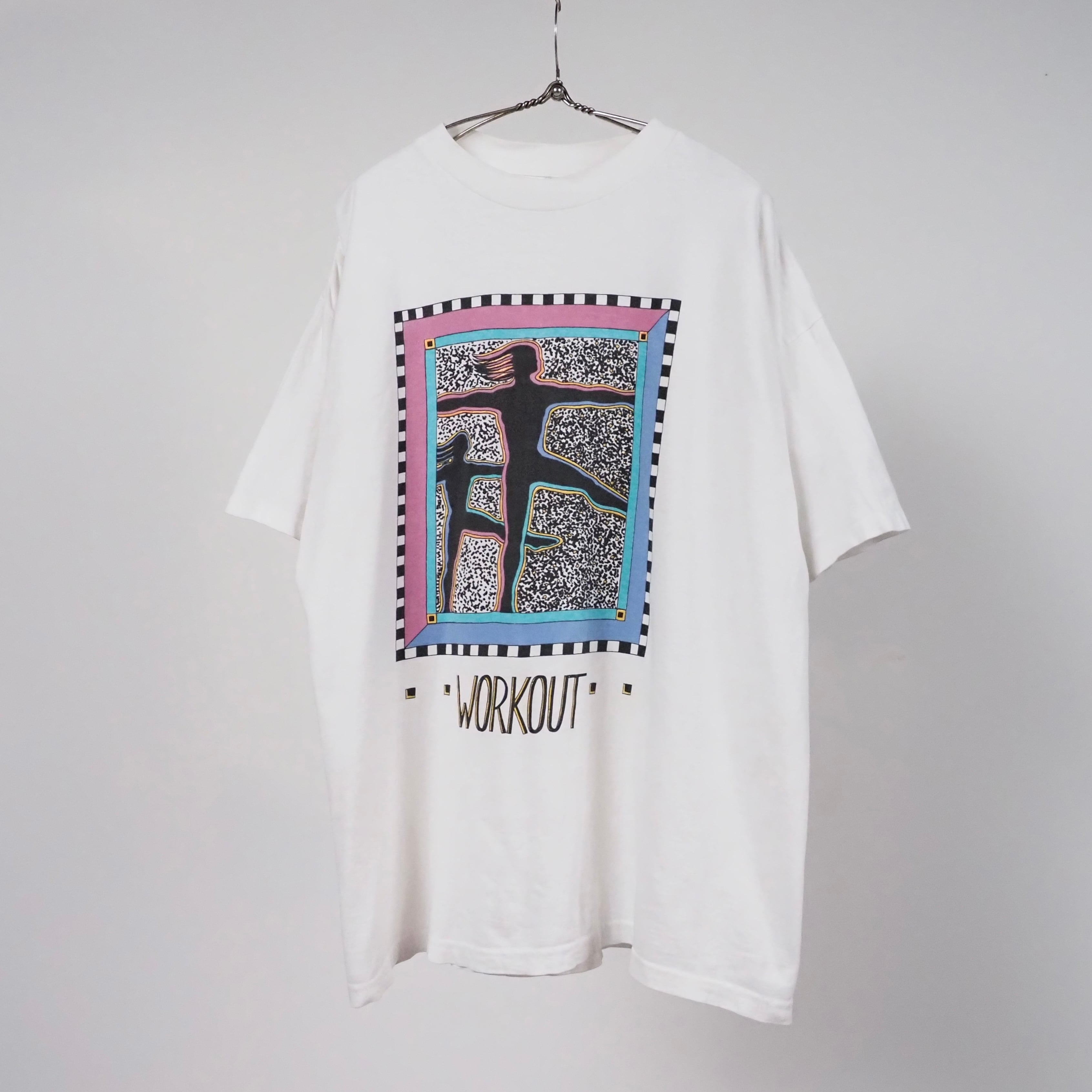 90's WORKOUT Single Stitch Print T-shirt OSFA(XL) USA製 アート グラフィック Tシャツ 白