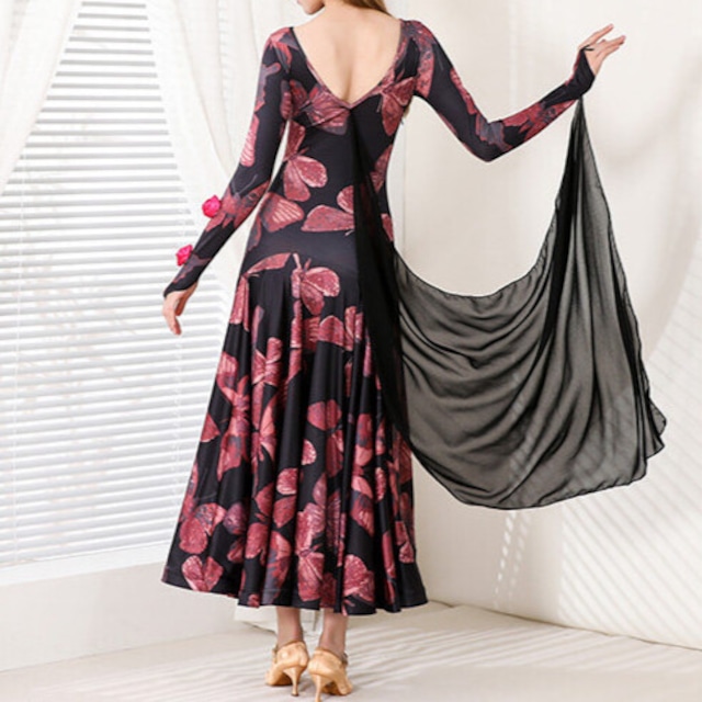 ロングスリーブ フラワープリント ダンスドレス ds1494