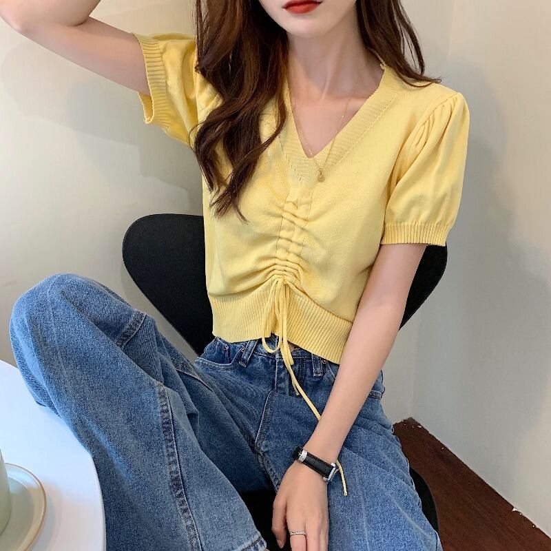 2020年夏新バージョンルーズVネックショートドローストリングクロップトップオールマッチベーシック半袖ニットTシャツレディース 1号婦人31034662512