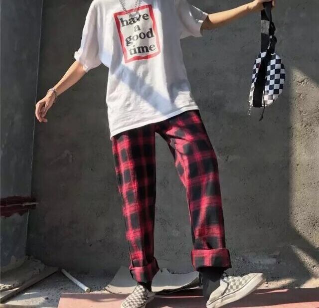 タータン チェック パンツ 赤 黒 韓国 ストリート オルチャン ダンス