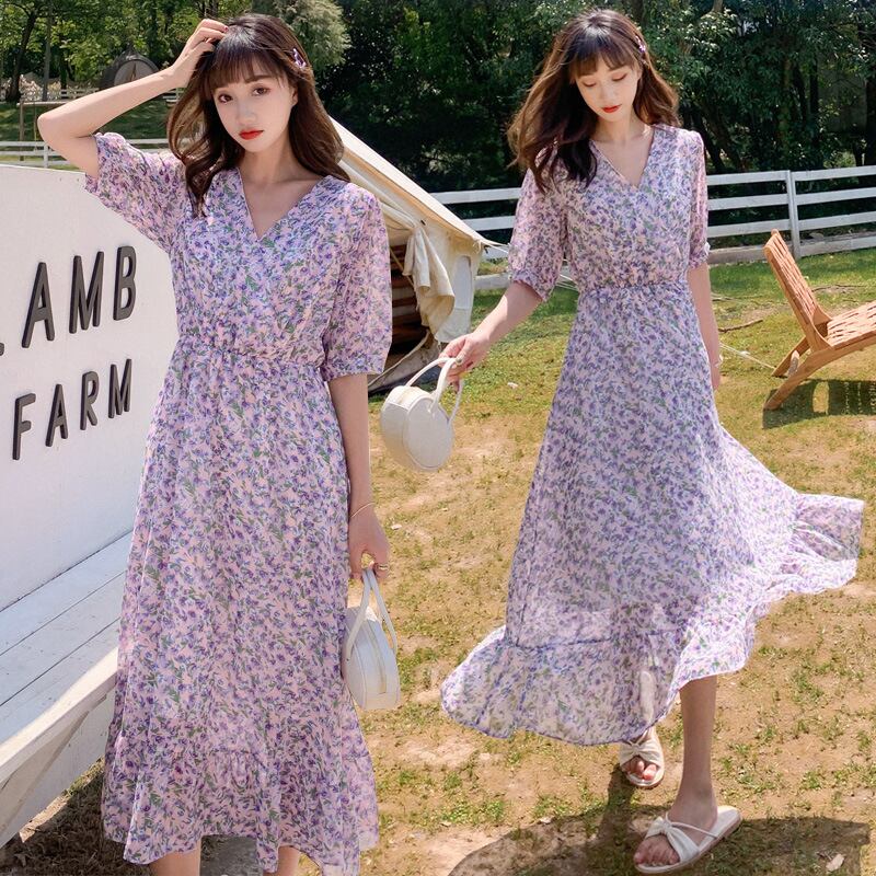 【新作】【送料無料】 マタニティウェア2020夏の新しいシフォンスモールフローラルVネックドレス、トレンディなマザーミドル丈、年齢を減らすマタニティドレス-アリババ サマー 夏物 花柄 expec216269225871