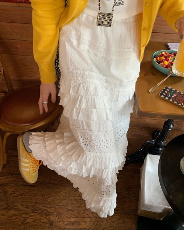 Tiered Eyelet Embroidery Flare Maxi Skirt　P0036