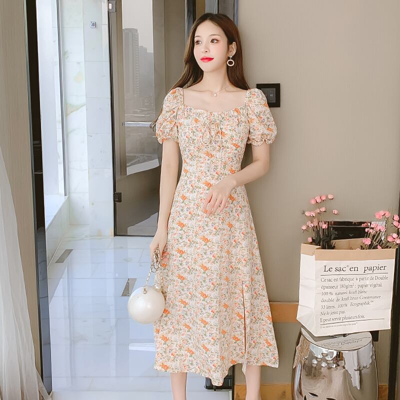 フローラルドレス サマースタイルスタンダードカラー半袖スリーブスカート ショート レトロ ハーフスリーブ 夏物 花柄 スクウェア ハンチェンe43724141697