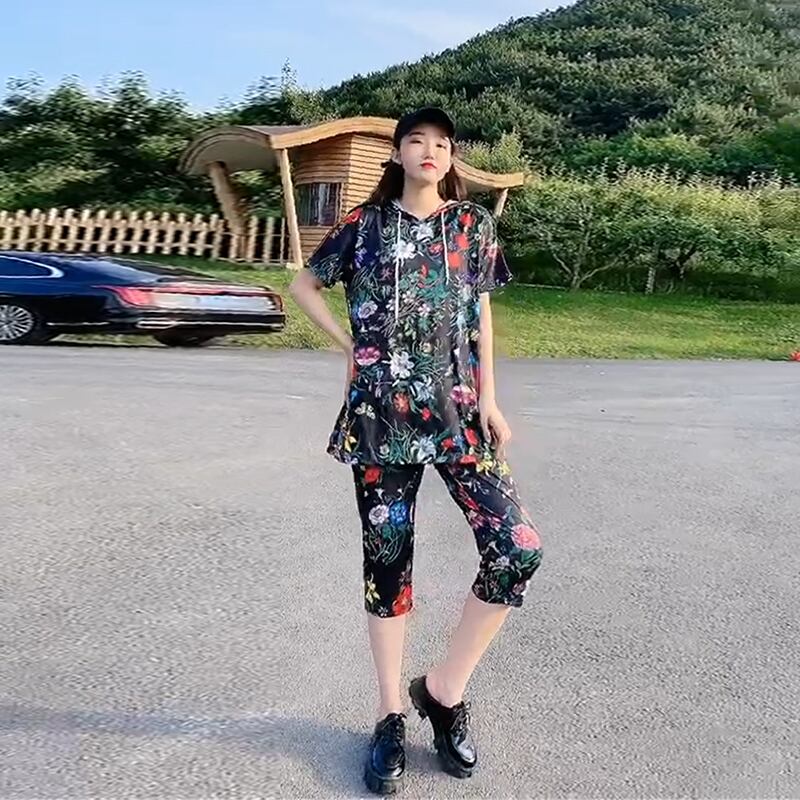 スタイルフードFlowerデザイン ブラウス クロップドパンツ サマー 大きめサイズ 夏物 フラワーデザイン ミックスインファッション14316295467