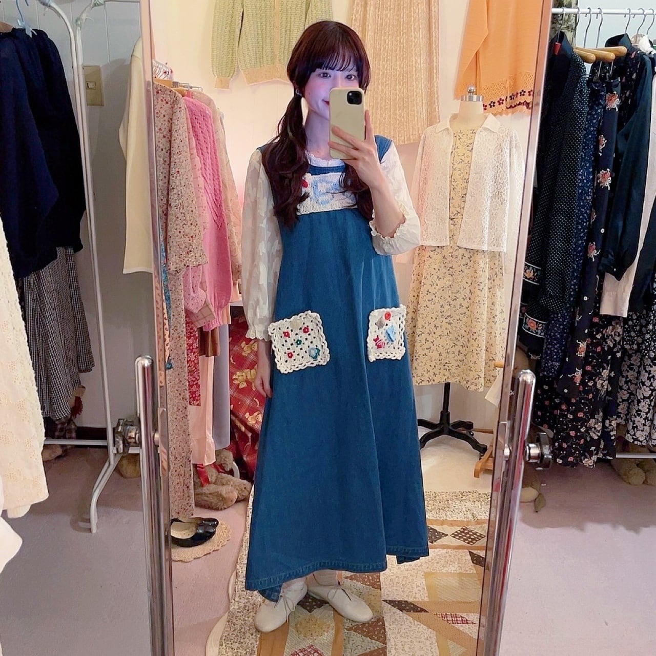 remake ✂︎ blue ribbon frill pocket jumper skirt