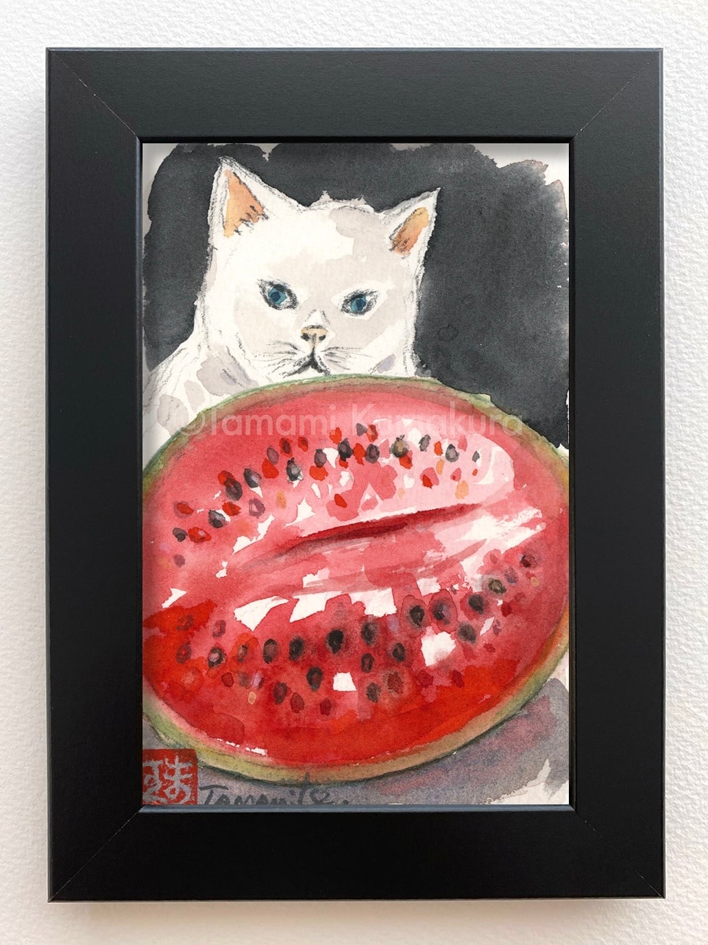 今月ラス1❗スイカ大！手作り額付き銅版画作品　title「見つめるキャッツ」 原画「白猫と西瓜」ポストカードサイズ | Any Kind Of Blue 猫や透明堂
