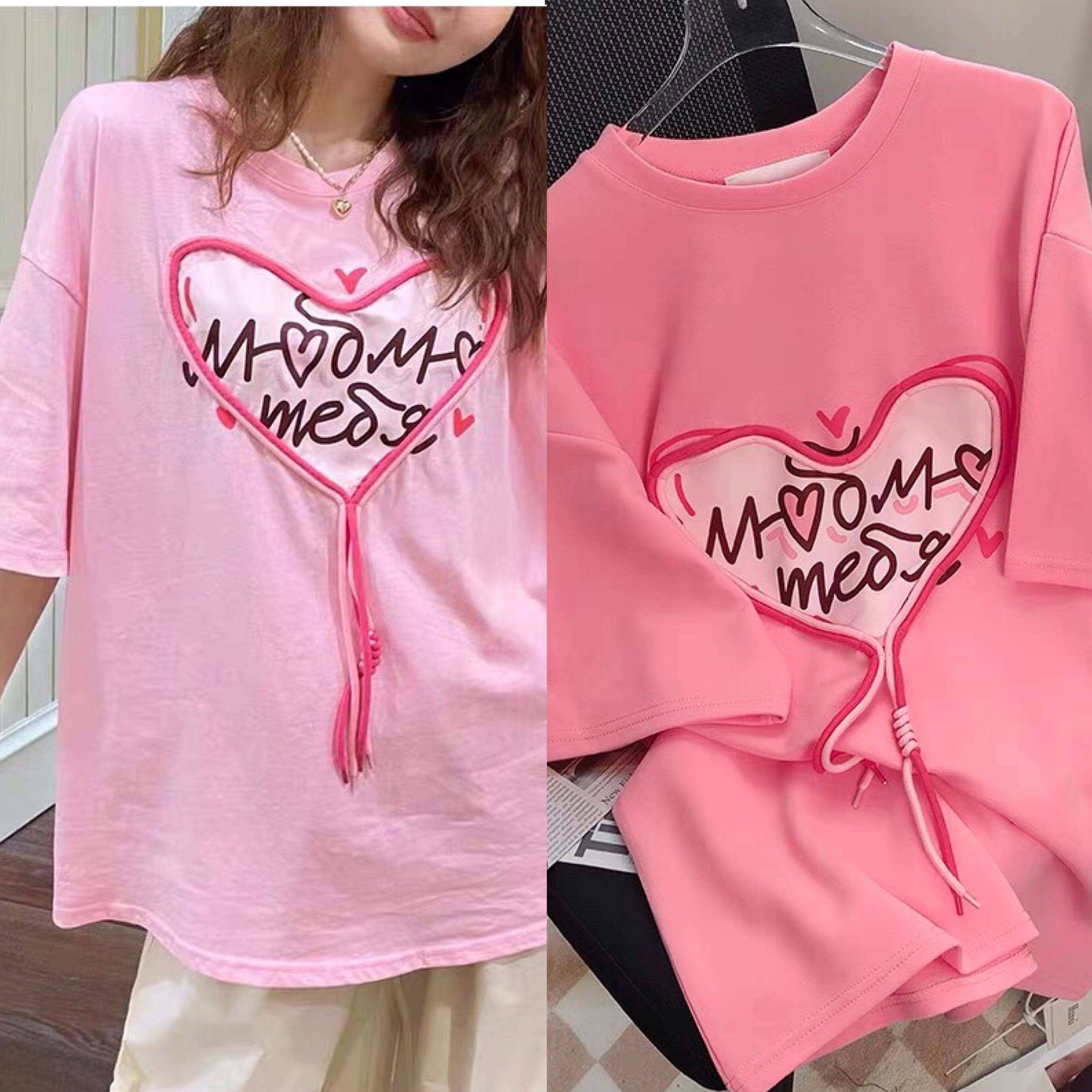 Tシャツ ピンク ハート 可愛い ガーリー 姫 Tシャツ ラインストーン 