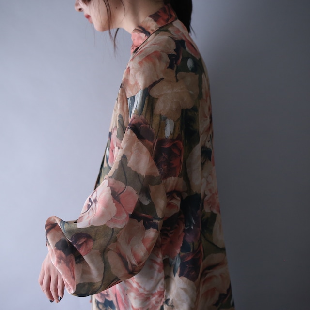 beautiful flower art pattern loose silhouette balloon sleeve see-through shirt