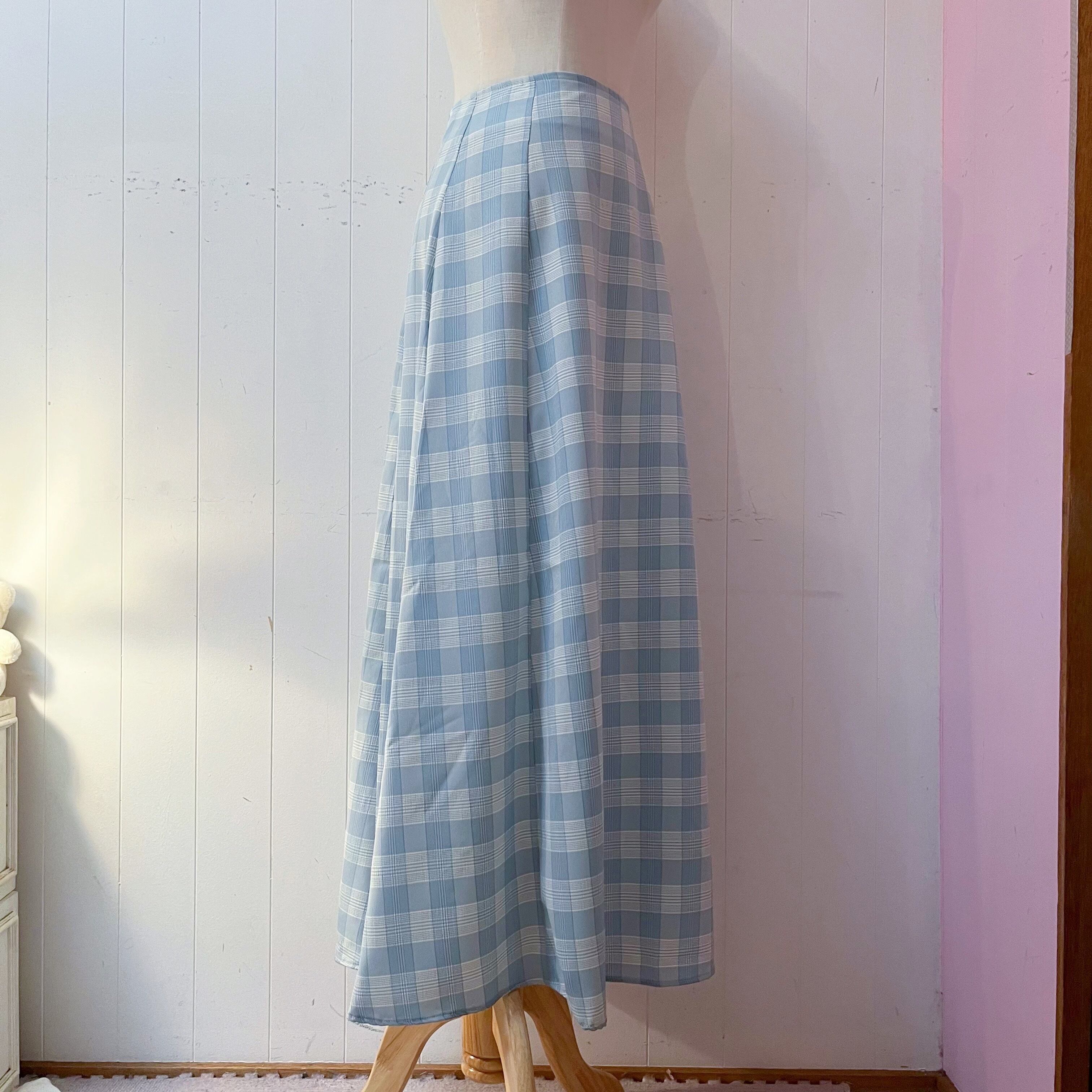 light blue block check skirt