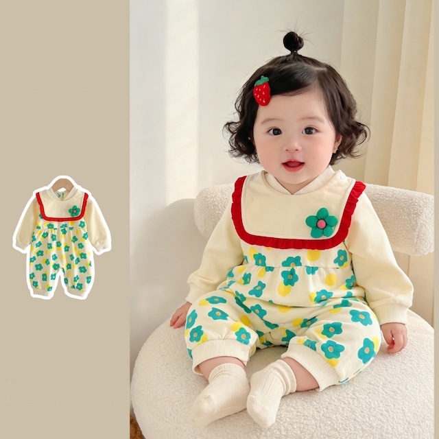 【BABY】フラワー柄スタイ付きロンパース