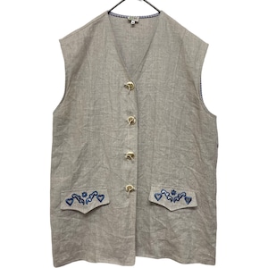 『美品 VINTAGE Disher Original flower heart leaf embroidery fake wood button checked linen100% big silhouette over size Tyrol Tyrolean Vest』USED 古着 ヴィンテージ フラワー 花 ハート リーフ 刺繍 フェイク ウッド ボタン チェック リネン100% ビッグ シルエット オーバー サイズ チロル チロリアン ベスト