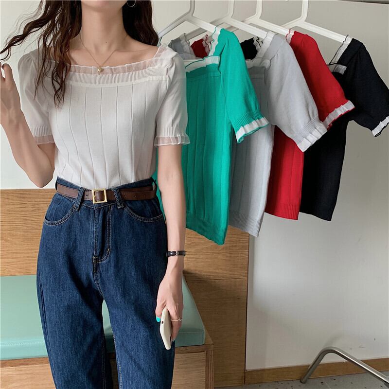 薄手セーター レディースサマーショートTシャツ トップス カラー 夏物 シルク スクウェア YY-ファッション58495694855