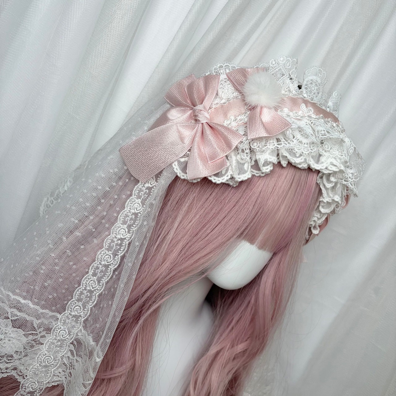 ♡【全5色】ヴェール別売り ぽんぽん付き ダブルリボン フリルレースヘッドドレス red ♡