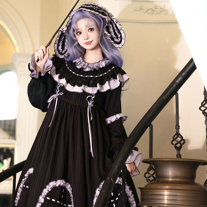 予約商品 納期45日】ゴスロリ 魔女ドレス ヘッドドレス 三角帽付き 6点