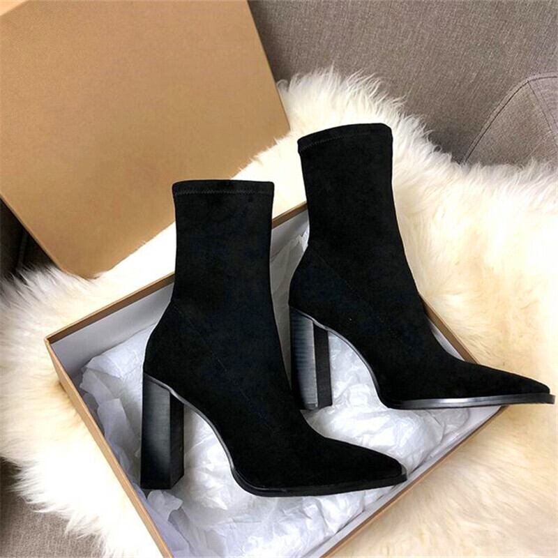 【新作】【送料無料】 スエードブラックレザーアンクルブーツポインテッドトゥハイヒールソックスブーツ秋冬シューズレディース 靴 スウェード オータム 秋物 ウィンター 冬物 10b310204105593