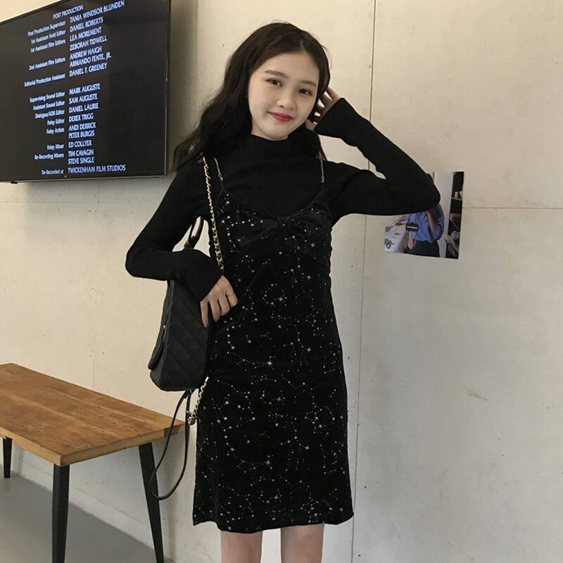 スカート スプリングスリムブラックドレス 春物 試着室63855353010