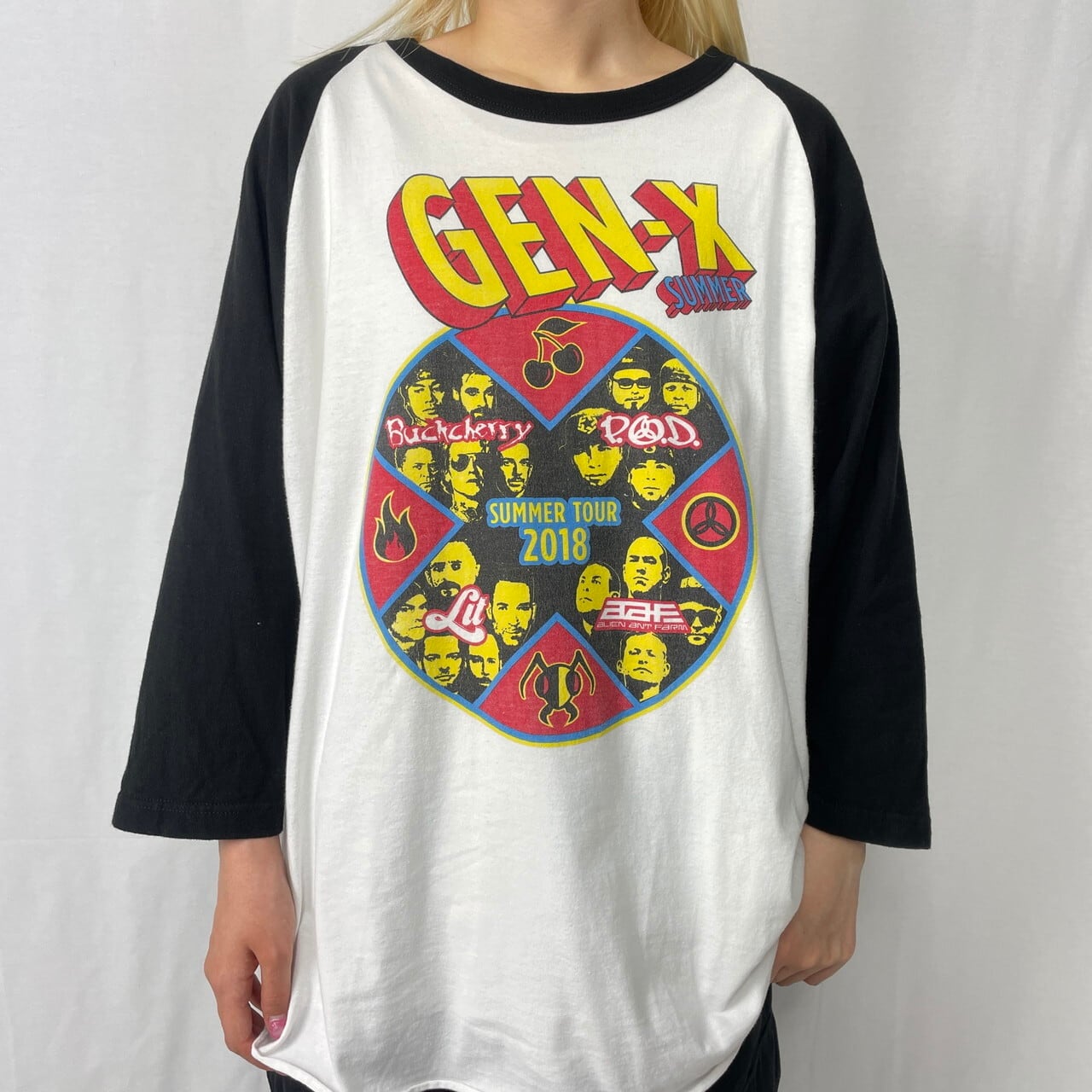 GEN-X SUMMER フェス バンドTシャツ ラグランTシャツ メンズXL相当 古着 七分袖 ホワイト ブラック 白 黒 【Tシャツ】  cave 古着屋【公式】古着通販サイト