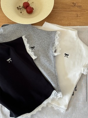 ショート丈リボンレースTシャツ（ホワイト／グレー／ブラック）QBSH 2026春｜100-150cm｜トップス ｜ボトルネック｜スリムフィット ［取寄］