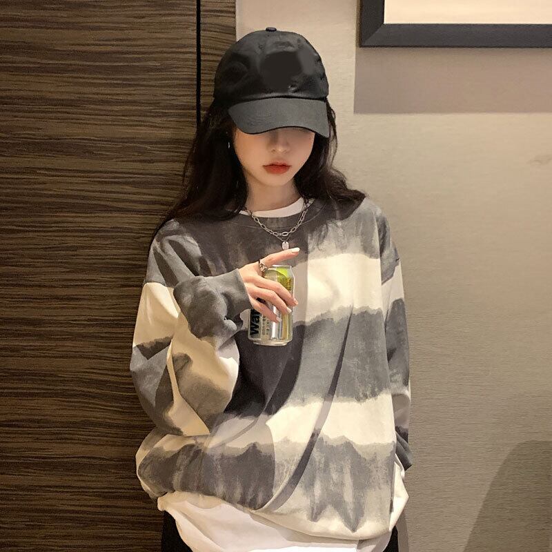 ストライプセーター スプリングオータムルーズトップス ロング 春物 秋物 萌量不足77451402086