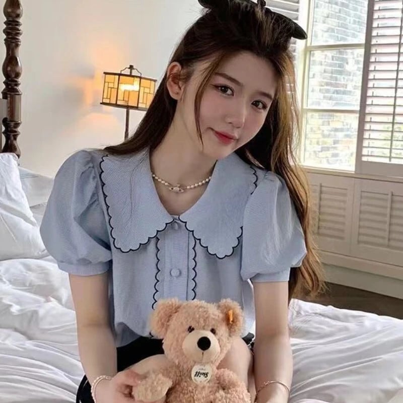 【新作】【送料無料】 シャツ女性プレッピースタイルピーターパン襟かわいい年齢低減カジュアル原宿韓国語バージョン優しい夏新しい美的ルーズ 0373815348061