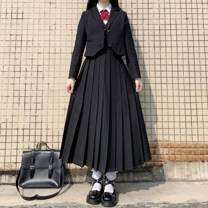 サブカル 服 地雷系 通販 ゴスロリ JKスタイル オールインワン キャンパススタイル 蝶ネクタイ付き 半袖 白シャツ アウター スカート Aライン ロングプリーツ V系 ゴシック ロリータ