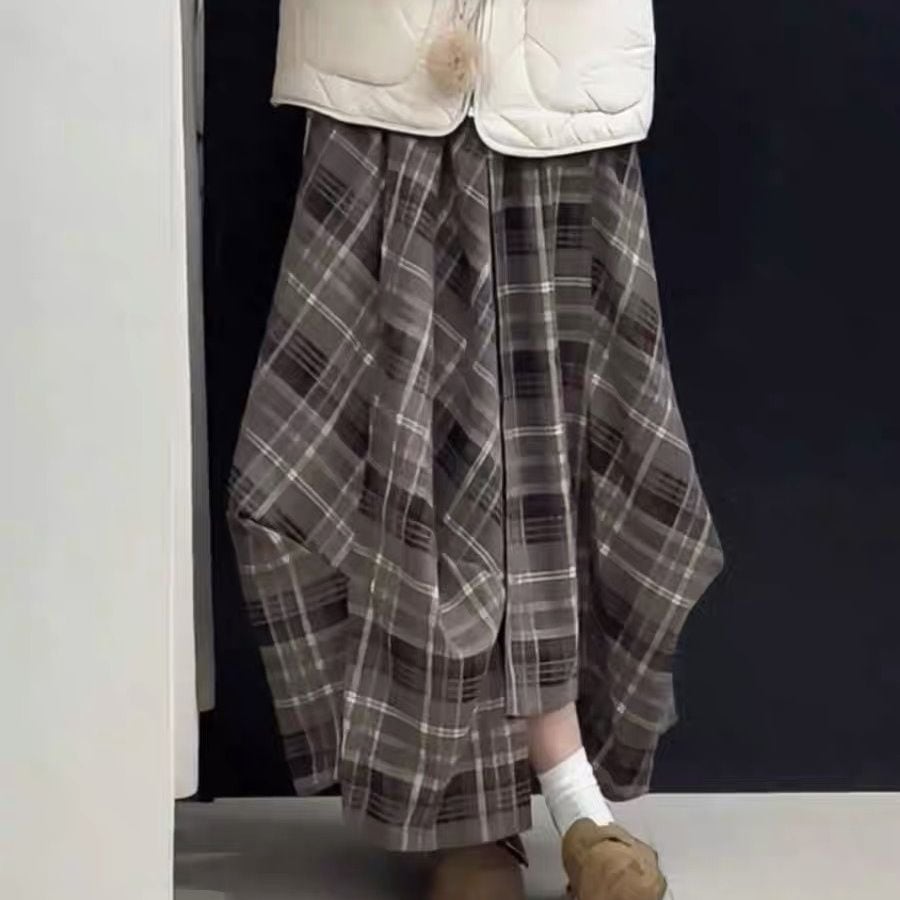 ELASTIC WAIST CHECKERD LONG DESIGN SKIRT 2colors M-16125